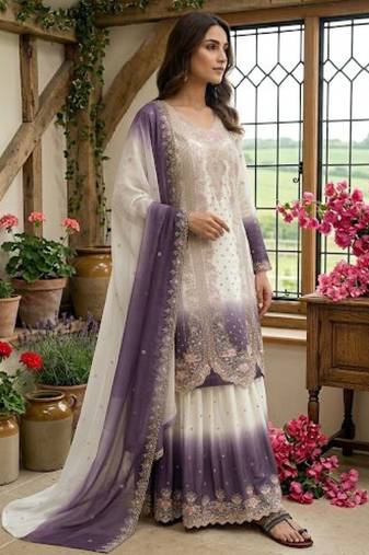 Lavender&white georgette readymade suit with embroidery & thread work
