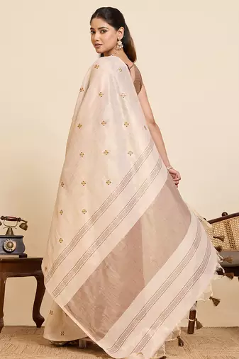 Beige linen silk blend sophisticated ethnic saree
