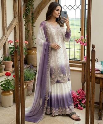 Lavender&white georgette readymade suit with embroidered thread  2