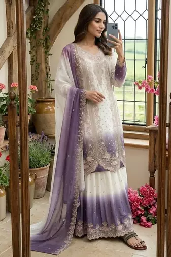 Lavender&white georgette readymade suit with embroidered thread 