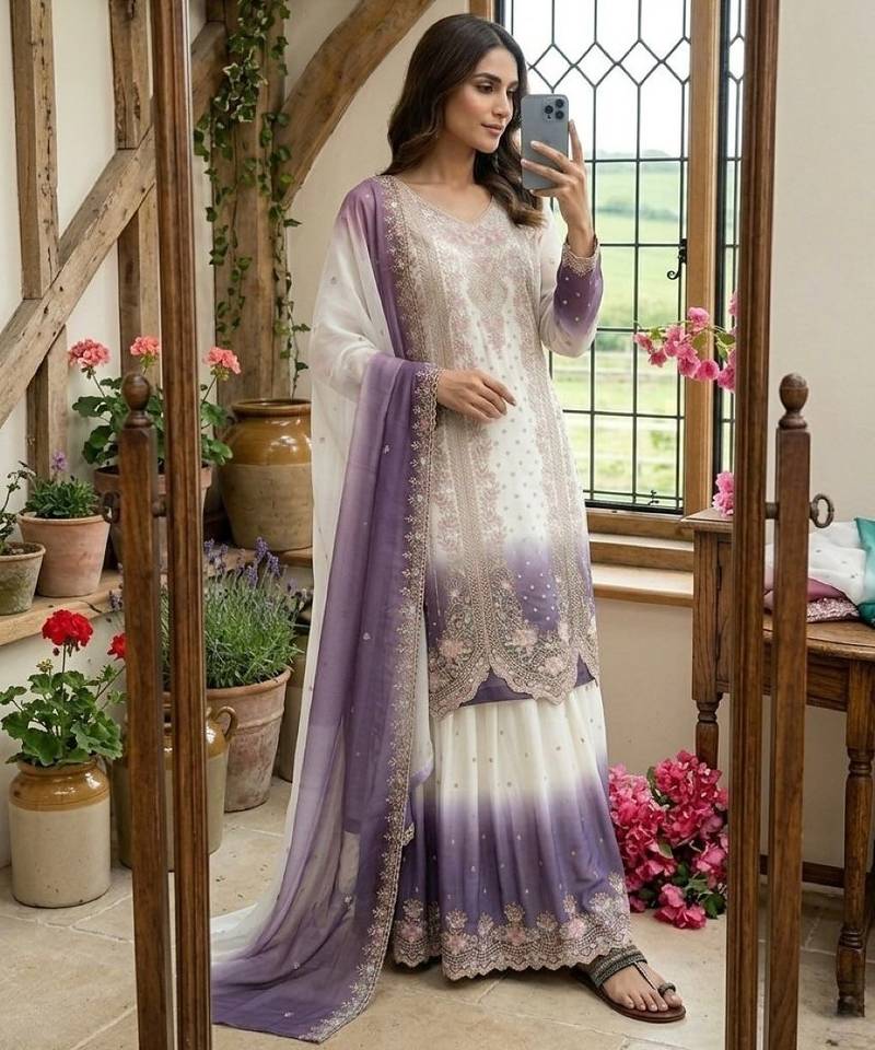 Lavender&white georgette readymade suit with embroidery & thread work