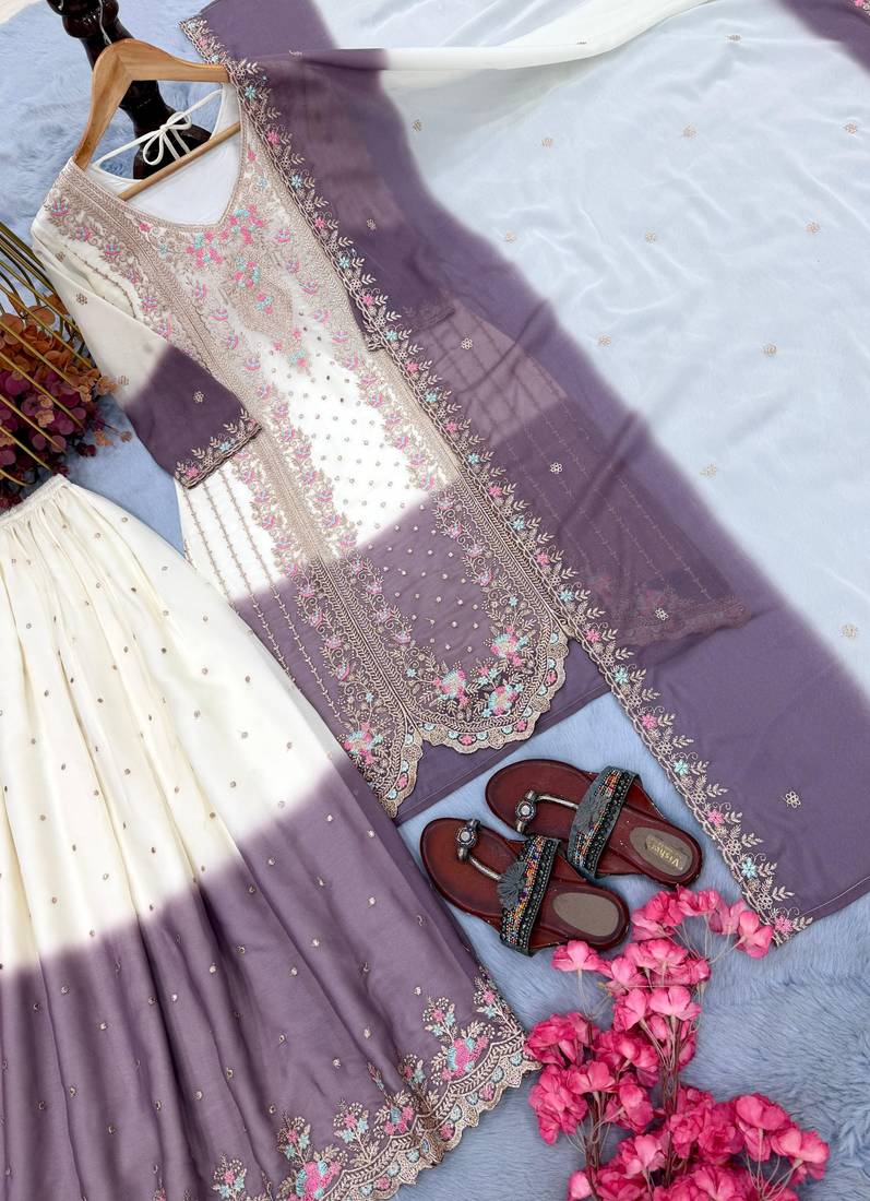 Lavender&white georgette readymade suit with embroidery & thread work