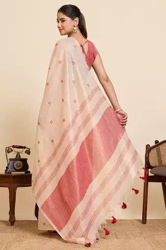 Beige linen silk blend sophisticated ethnic saree