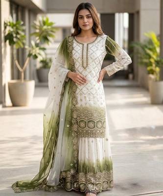 Mehendi&white georgette readymade suit with embroidered sequin  1