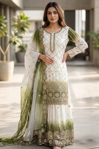 Mehendi&white georgette readymade suit with embroidery & sequence work