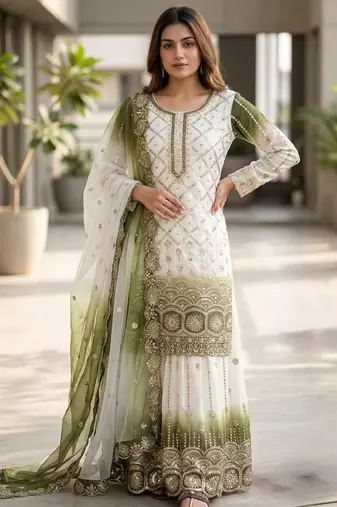 Mehendi&white georgette readymade suit with embroidery & sequence work