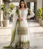 Mehendi&white georgette readymade suit with embroidery & sequence work