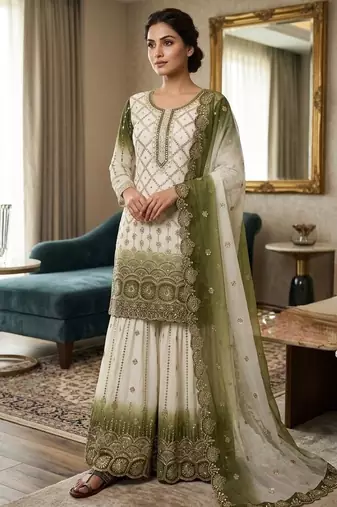 Mehendi&white georgette readymade suit with embroidered sequin 