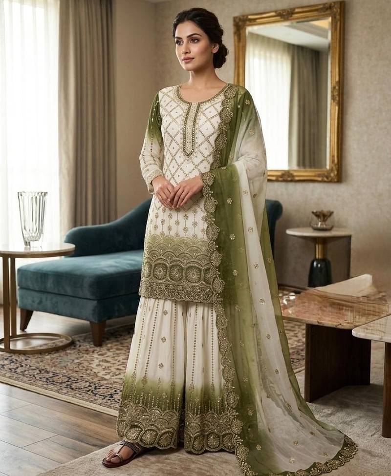 Mehendi&white georgette readymade suit with embroidery & sequence work