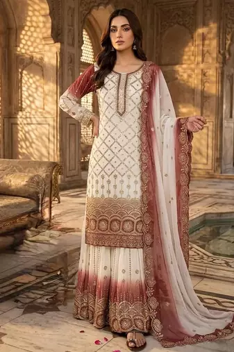 Brown&white georgette readymade suit with embroidery & sequence work
