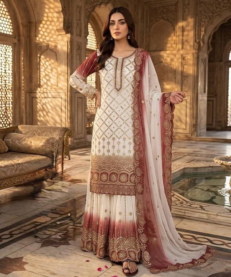 Brown&white georgette readymade suit with embroidery & sequence work