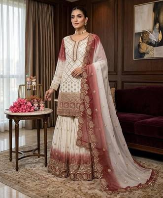 Brown&white georgette readymade suit with embroidered sequin  2