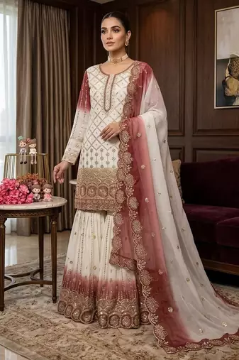 Brown&white georgette readymade suit with embroidered sequin 