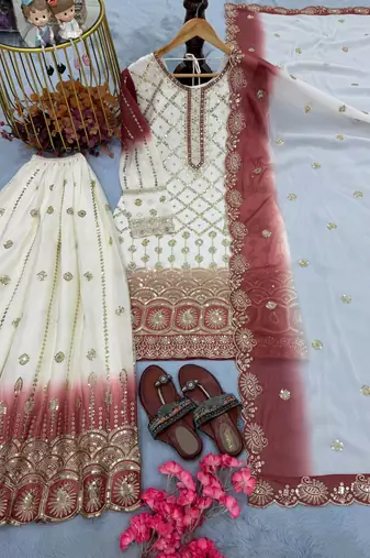 Brown&white georgette readymade suit with embroidered sequin 