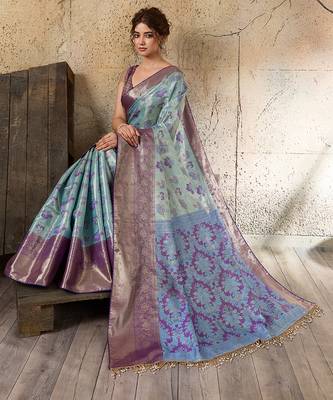 Sky blue soft silk blend woven zari work ethnic partywear saree 5