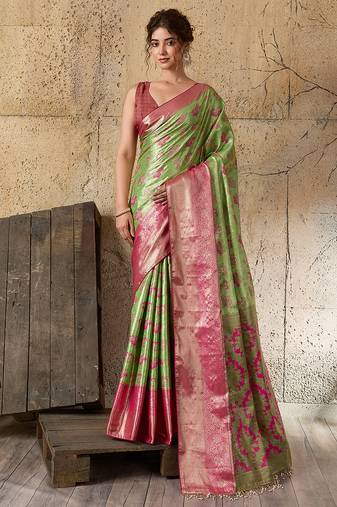 Green soft silk fabric woven designer zari work ethnic partywear saree