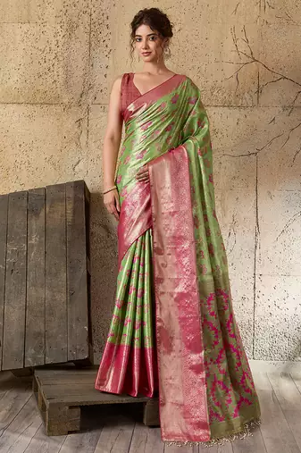Green soft silk fabric woven designer zari work ethnic partywear saree