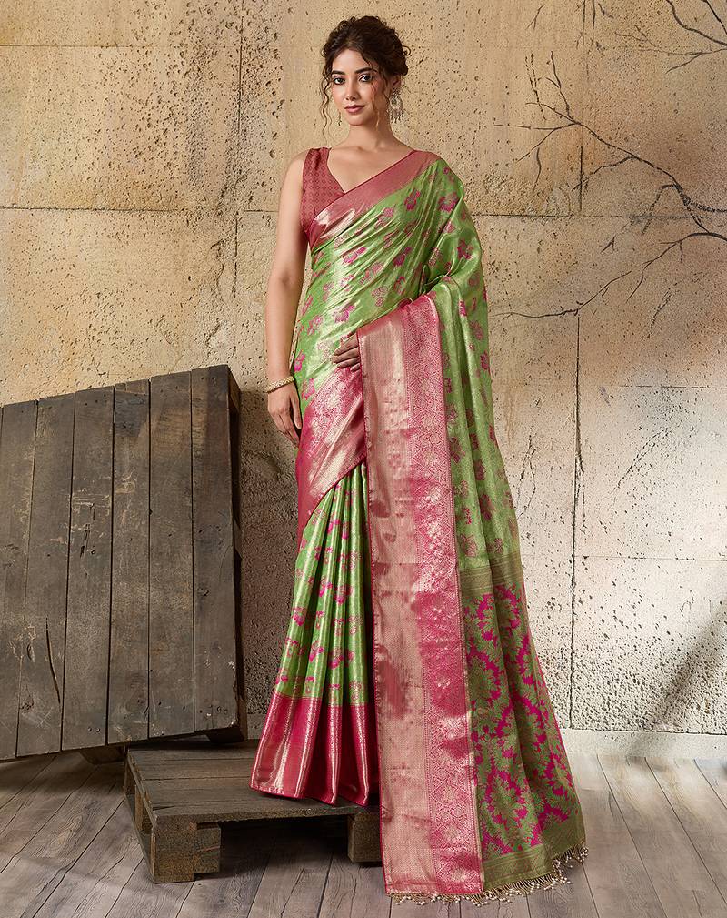Green soft silk fabric woven designer zari work ethnic partywear saree