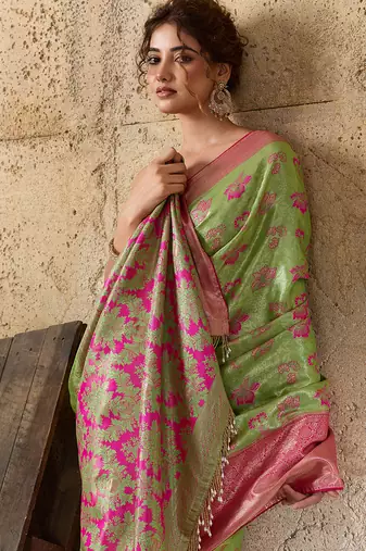 Green soft silk blend woven zari work ethnic partywear saree