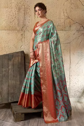 Sea green soft silk blend woven zari work ethnic partywear saree