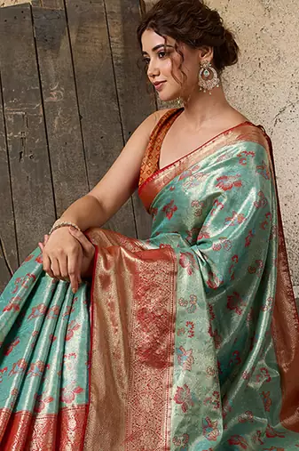 Sea green soft silk blend woven zari work ethnic partywear saree
