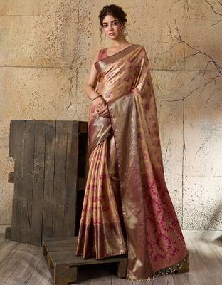 Peach soft silk blend woven zari work ethnic partywear saree 1