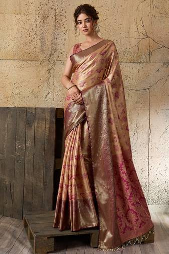 Peach soft silk fabric woven designer zari work ethnic partywear saree