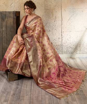 Peach soft silk blend woven zari work ethnic partywear saree 5