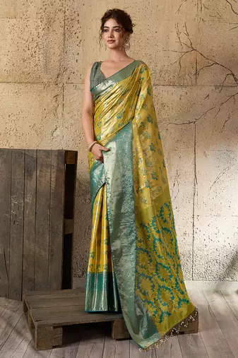 Yellow soft silk fabric woven designer zari work ethnic partywear saree