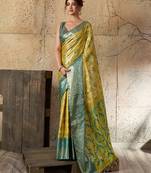 Yellow soft silk fabric woven designer zari work ethnic partywear saree
