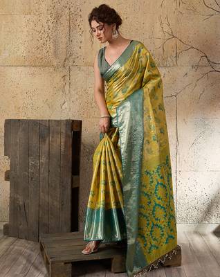 Yellow soft silk blend woven zari work ethnic partywear saree 4