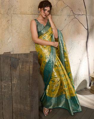 Yellow soft silk blend woven zari work ethnic partywear saree 5