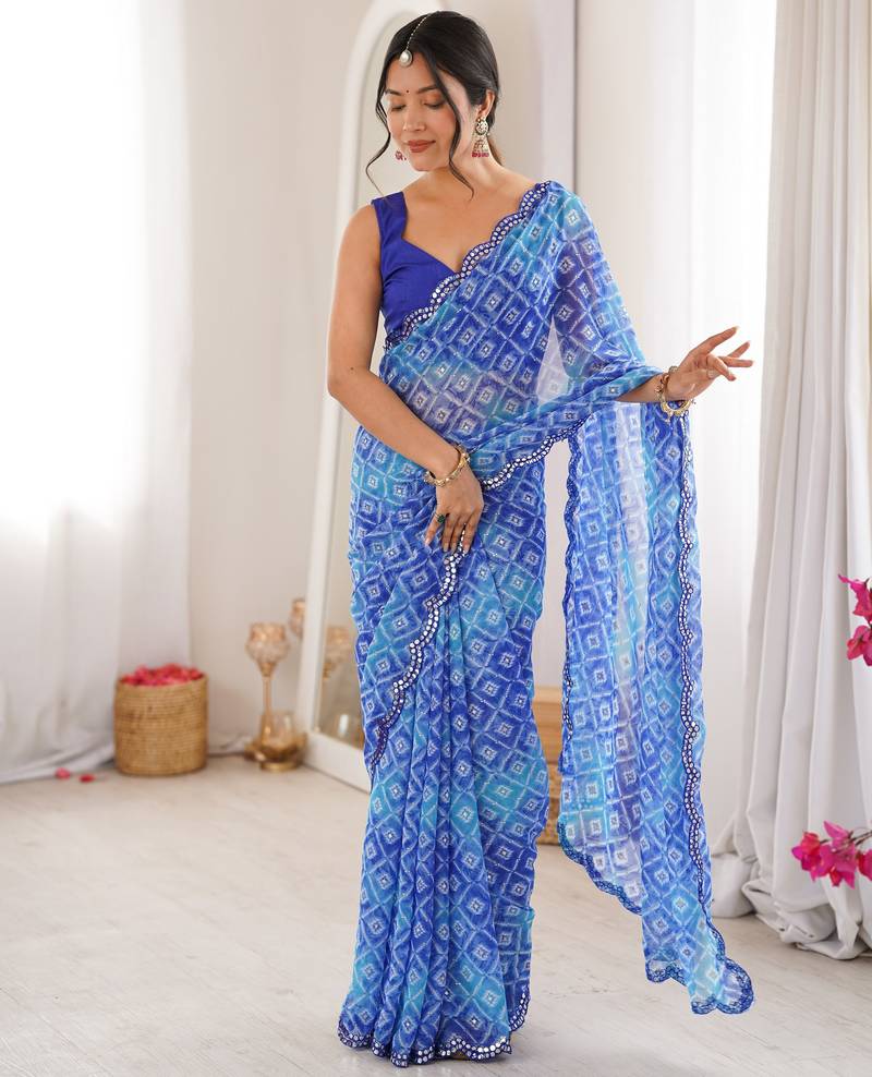 Blue color beautiful bandhej designer partywear georgette ceremonial saree