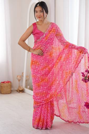 Pink beautiful bandhej designer partywear georgette ceremonial saree
