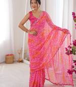 Pink beautiful bandhej designer partywear georgette ceremonial saree