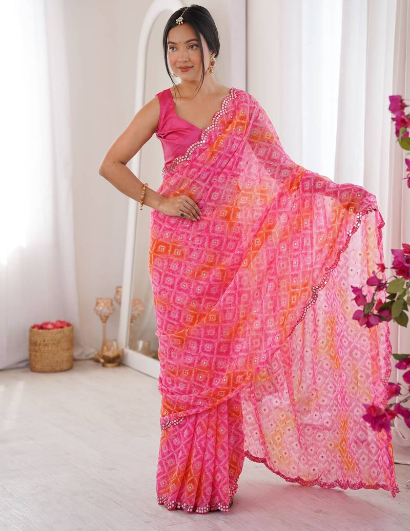 Pink color beautiful bandhej designer partywear georgette ceremonial saree