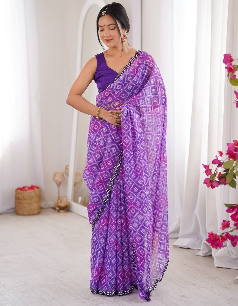 Purple color beautiful bandhej designer partywear georgette ceremonial saree