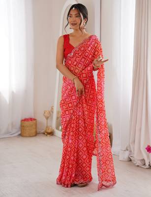 Red bandhej partywear georgette ceremonial saree 1
