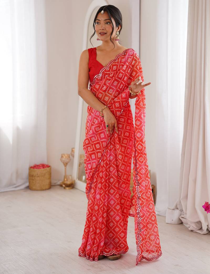 Red color beautiful bandhej designer partywear georgette ceremonial saree