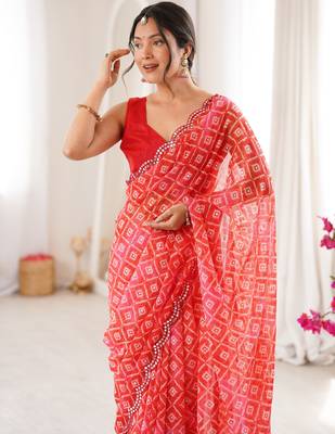 Red bandhej partywear georgette ceremonial saree 3