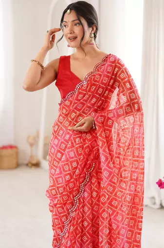 Red bandhej partywear georgette ceremonial saree