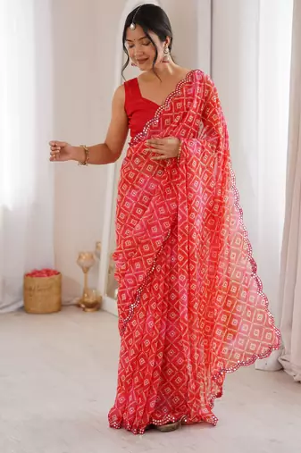 Red bandhej partywear georgette ceremonial saree