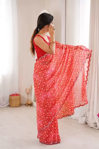 Red bandhej partywear georgette ceremonial saree
