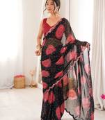 Black faux georgette bandhani printed traditional festive saree