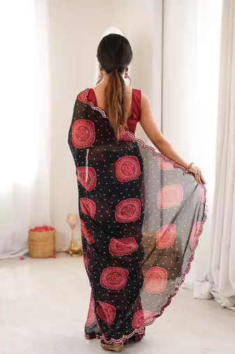Black faux georgette bandhani printed traditional festive saree