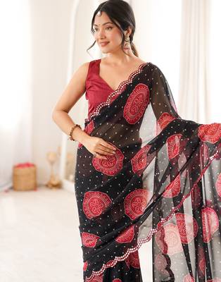 Black faux georgette bandhani printed traditional festive saree 3