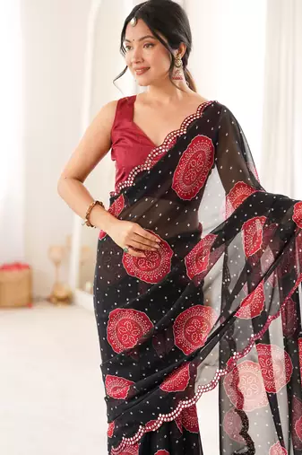 Black faux georgette bandhani printed traditional festive saree