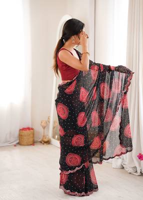 Black faux georgette bandhani printed traditional festive saree 5