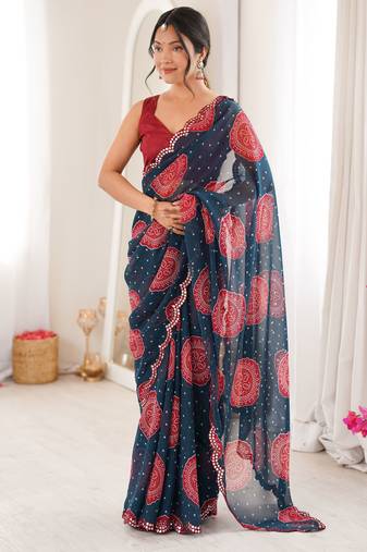Petrol color faux georgette bandhani printed traditional festive saree