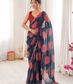 Petrol faux georgette bandhani printed traditional festive saree